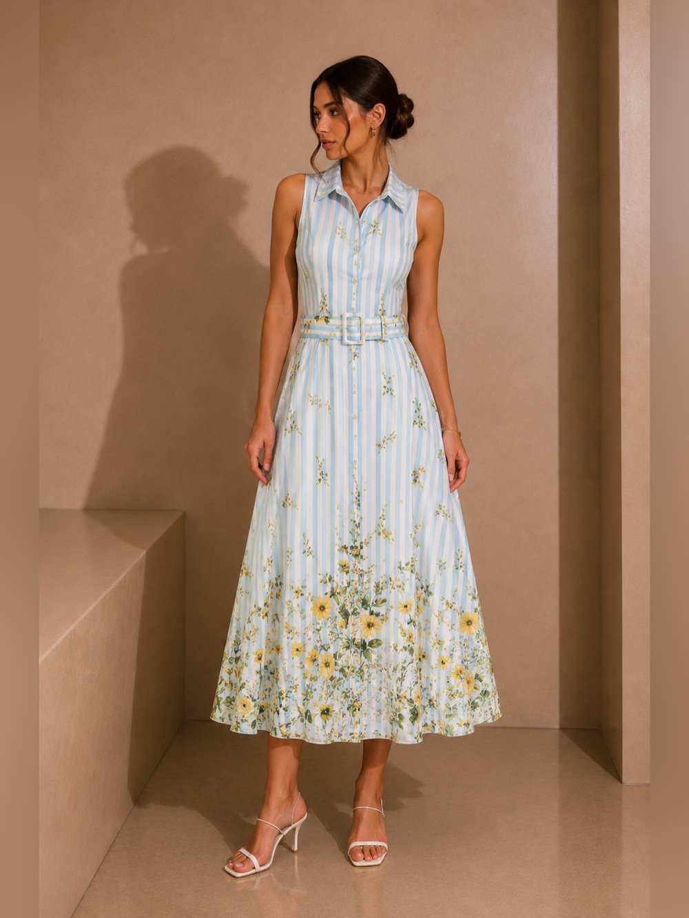Commense Pale Blue Striped Floral Belted Maxi Dress